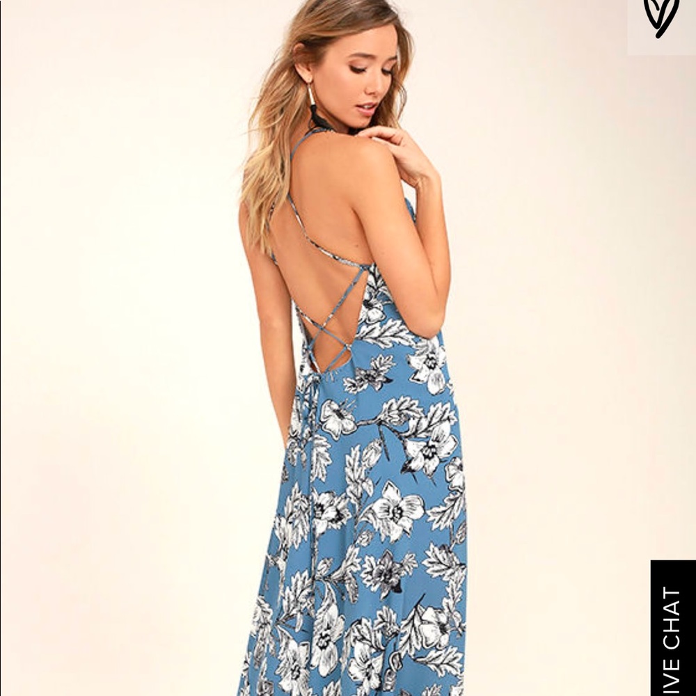 Lulu’s Strappy Blue Floral Maxi Dress, size S. NWT